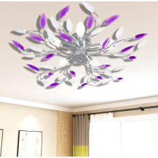 Vidaxl Griestu lampa ar akrila kristālu lapām 5 E14 spuldzēm, violeta, balta